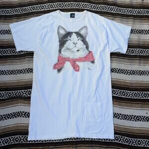 Vintage 90's Virginia Miller Cat Kitten Art White Pocket Long Sleep Shirt Sz OS